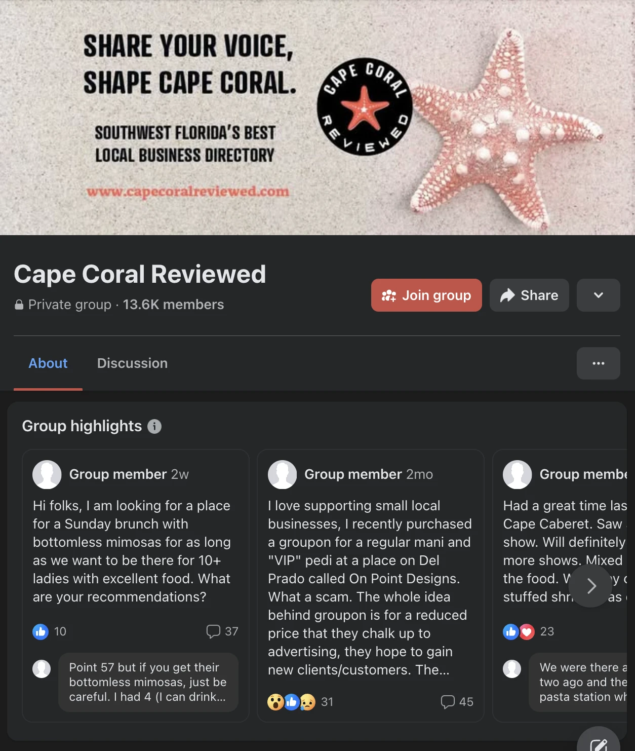 Cape Coral Reviewed active Facebook community with over 13.6K local members
