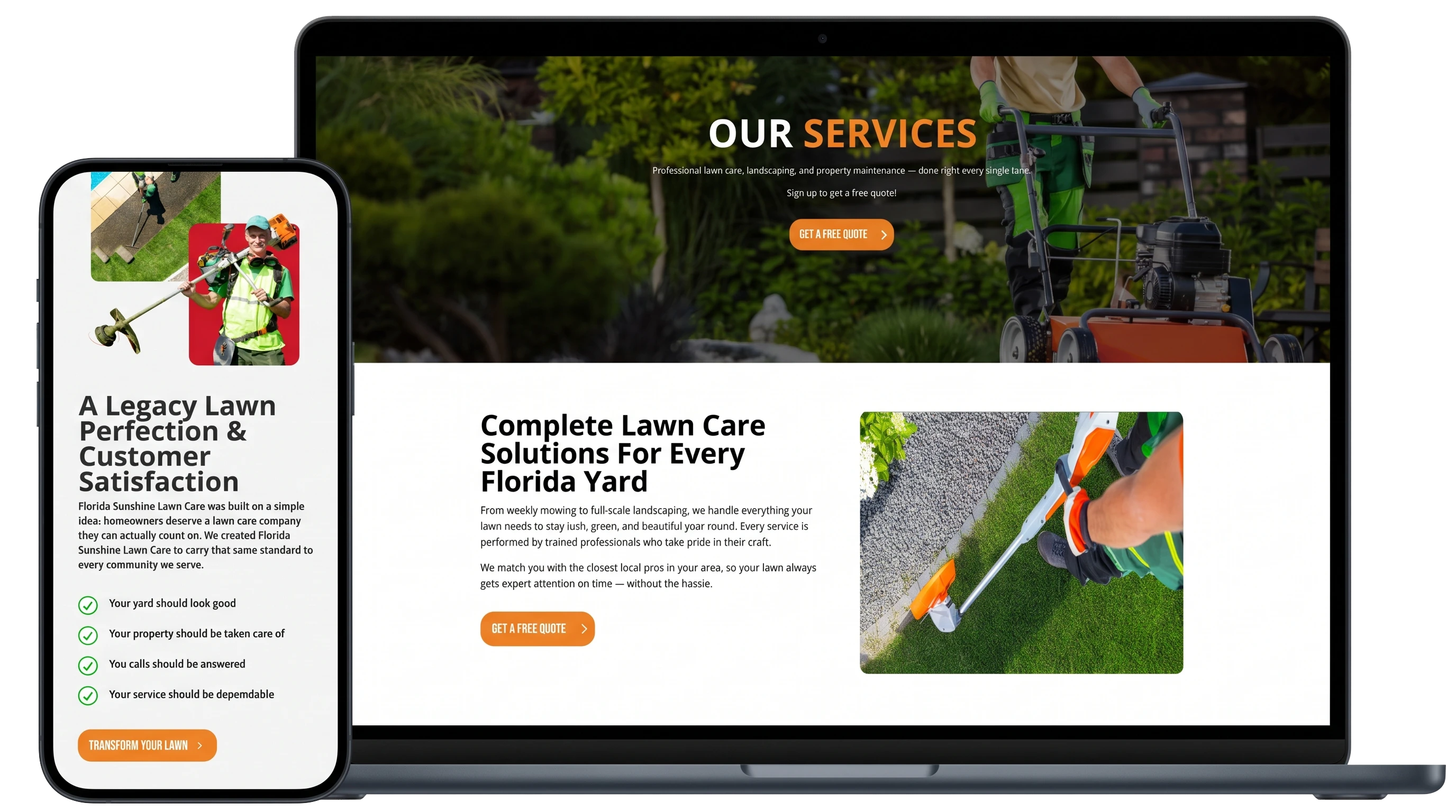 Florida Sunshine Lawn Care website and quote funnel displayed across laptop and mobile devices