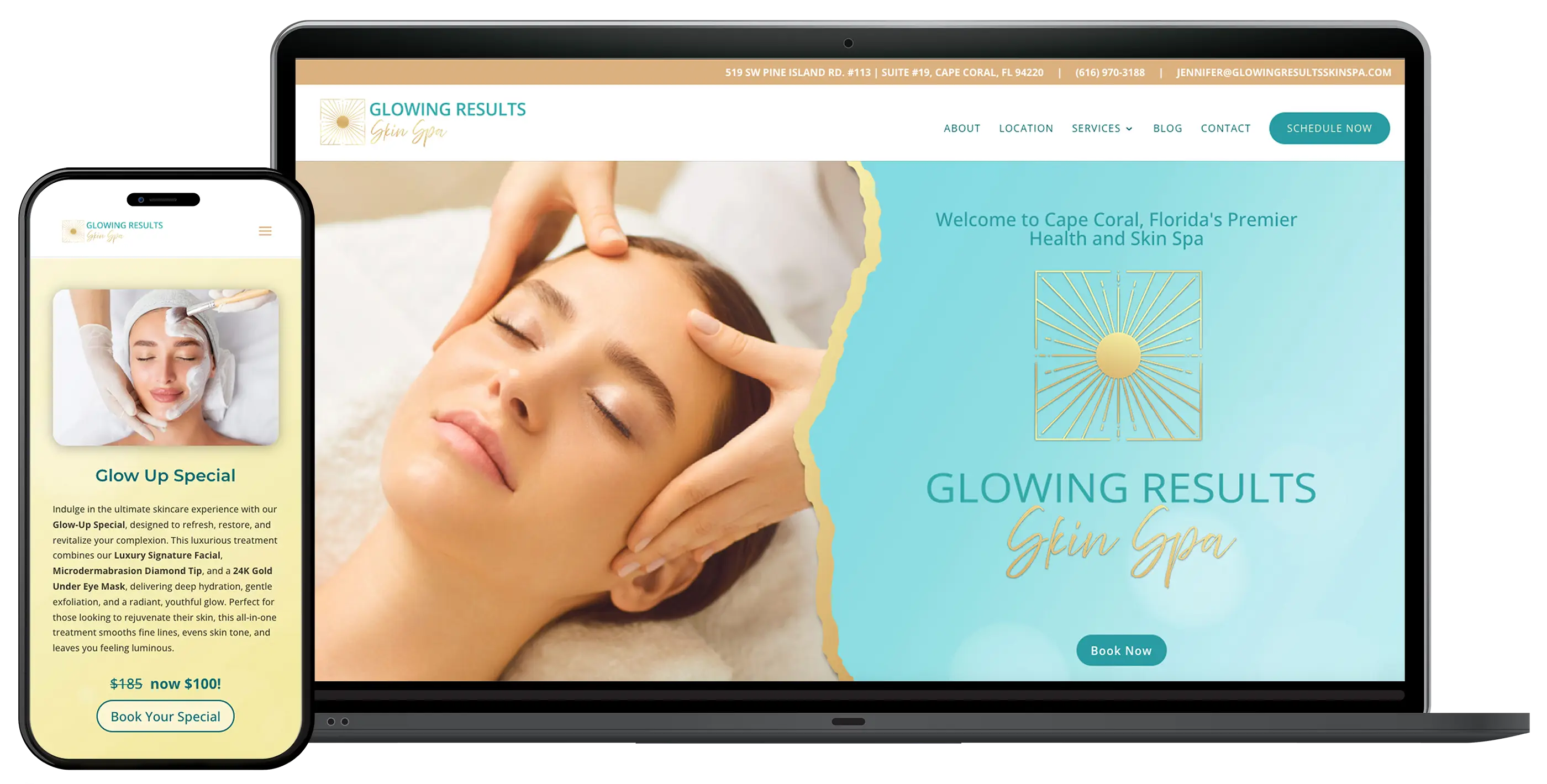 Glowing Results Skin Spa website displayed across laptop and mobile devices